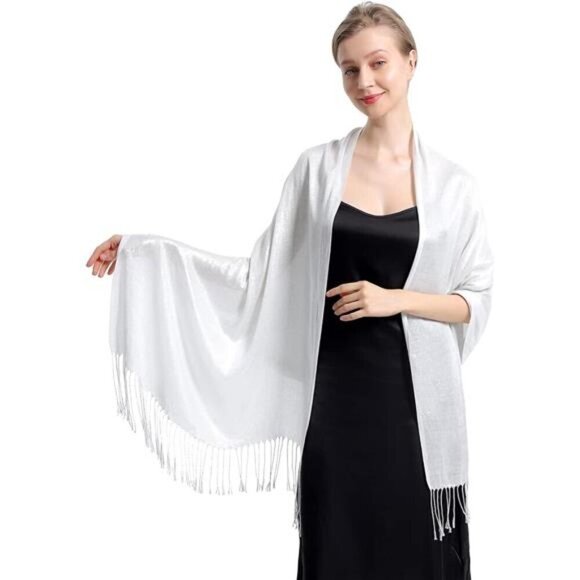 Sparkly Metallic Shawls Wraps, White - Picture 1 of 6